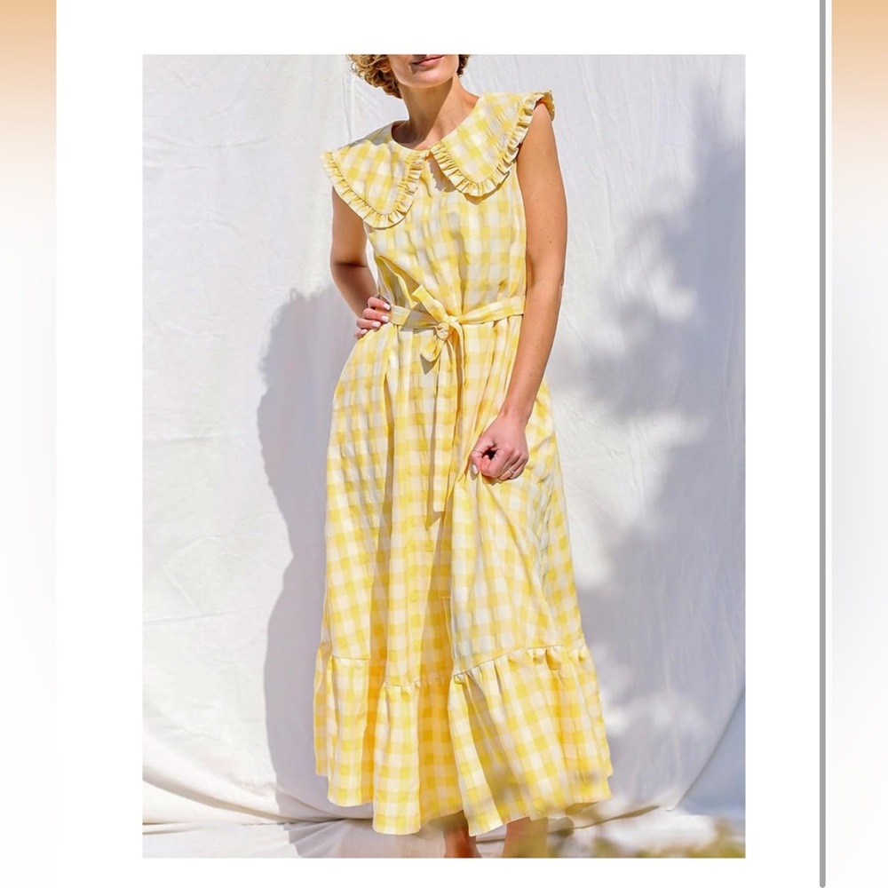 Yellow Plaid Gingham Sleeveless Ruffle Flowy A-Line Beach  Maxi Dress Sundress